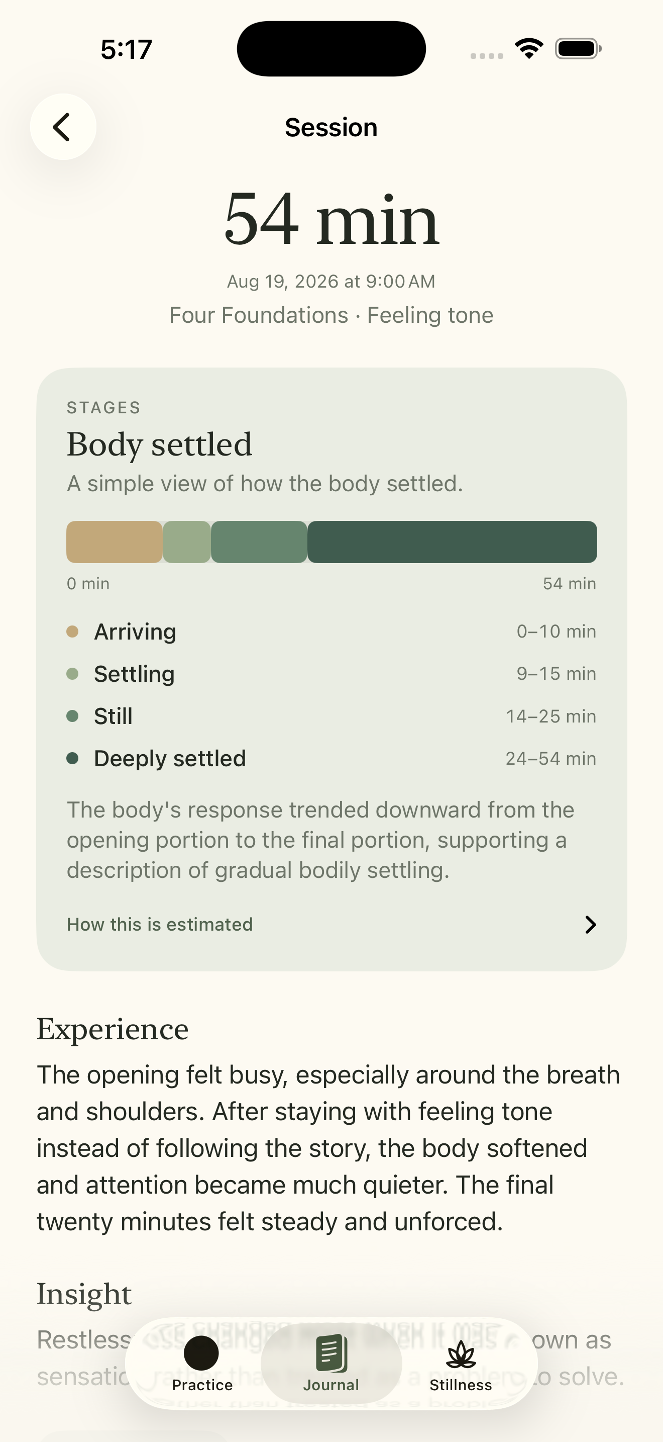 Nisala session detail showing body-state stages across a meditation